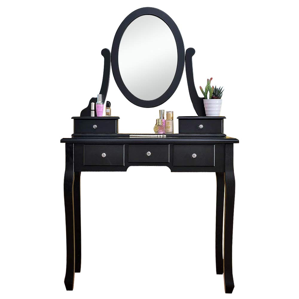 360° Rotating Red Pig Makeup Vanity Table Set with Oval Mirror & Stool - 5 Drawers Black Vanity Desk for Bedroom, Dressing Room & Beauty Salon