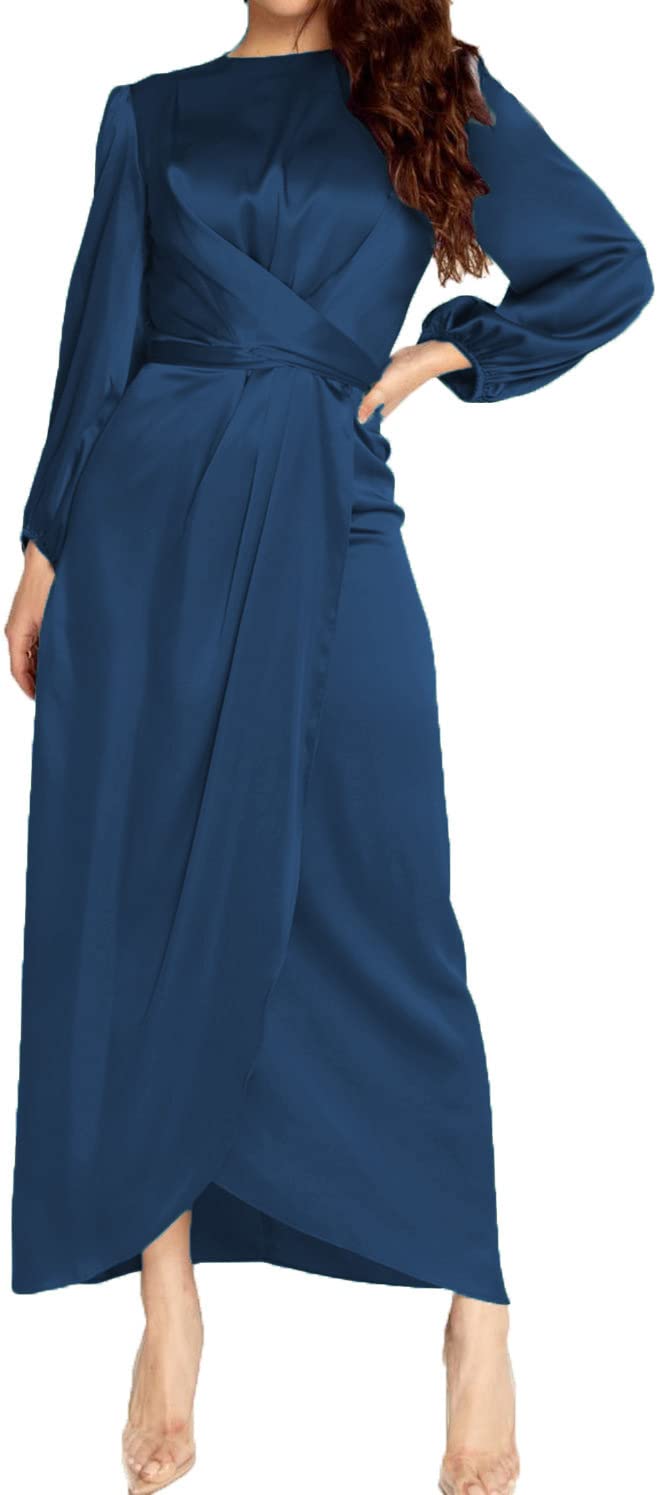 Elegant Women's Empire Waist Long Sleeve Satin Maxi Dress for Evening Party, Wedding Guest, Prom & Formal Occasions