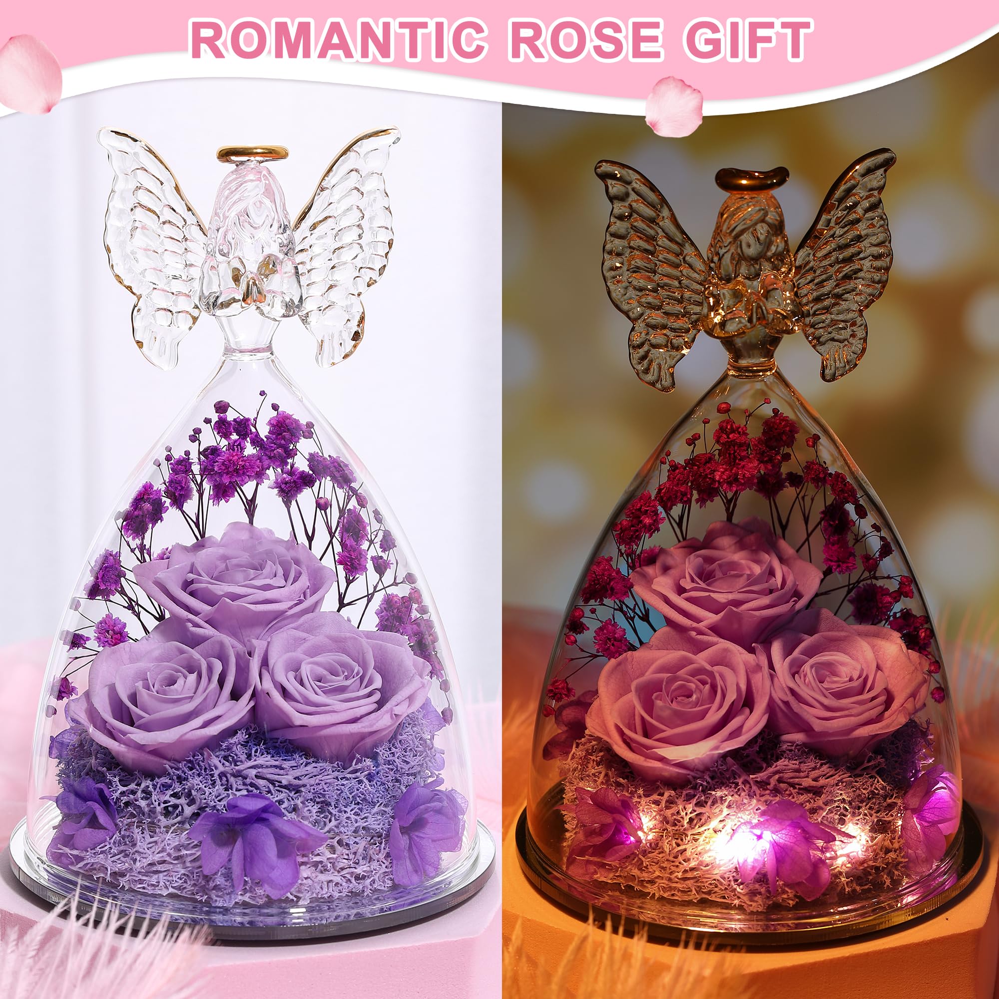 Glass Angel Figurine with 3 Preserved Real Roses - Eternal Rose Gift for Women, Mothers Day Present, Light Purple Guardian Angel Home Decor - Perfect for Birthday, Anniversary & Valentine's Day Gifts