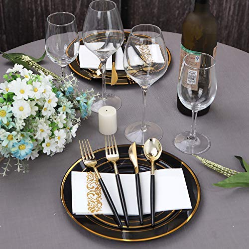 144-Piece Gold Plastic Silverware Set - Disposable Flatware with Black Handle (48 Forks, 48 Knives, 48 Spoons) - Elegant Cutlery for Parties, Weddings, Dinner Events & Home Gatherings