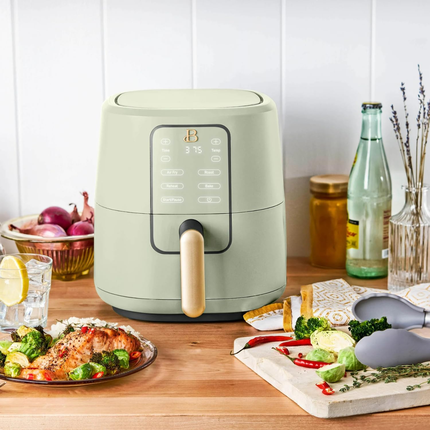 Drew Barrymore 3-Quart Digital Air Fryer with TurboCrisp Technology - 4 Presets, 170°F-400°F Temperature Range, Non-Stick & Dishwasher Safe Basket - 1200W Compact Airfryer for Healthy Cooking (Sage Green) - Perfect for Frying, Baking, Roasting & Reheating Family Meals