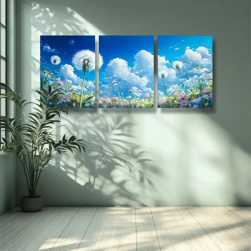 3-Piece White Dandelion Metal Wall Art Prints - Ready to Hang Home Decor for Living Room, Bedroom & Office
