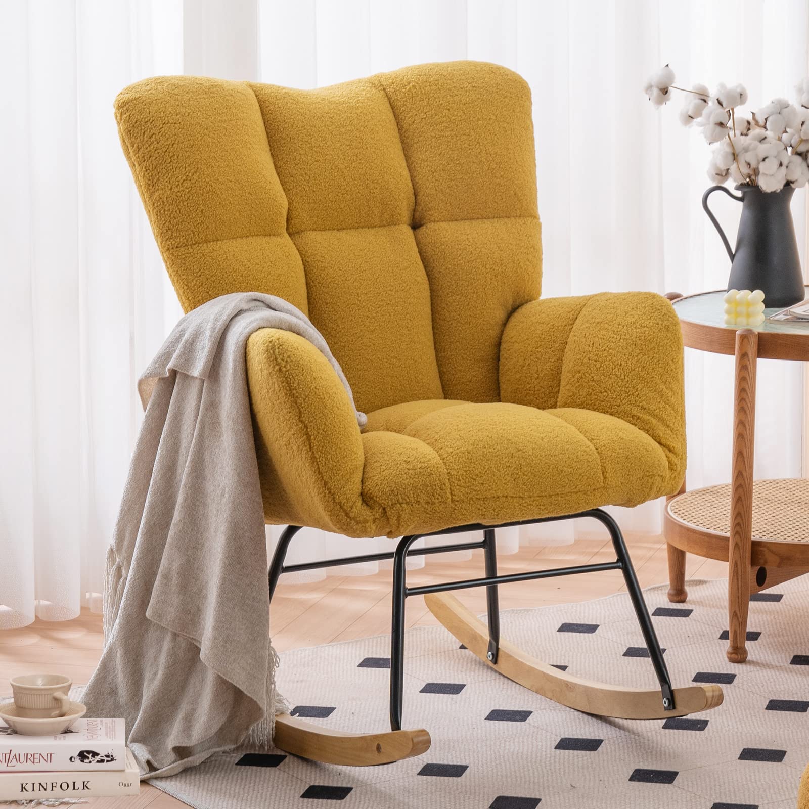 NIOIIKIT Teddy Upholstered Nursery Rocking Chair - Soft Glider Rocker with Padded Seat & High Backrest - Comfortable Accent Armchair for Living Room, Bedroom, Nursery or Office (Yellow Teddy) - Perfect for Nursing, Reading & Relaxing