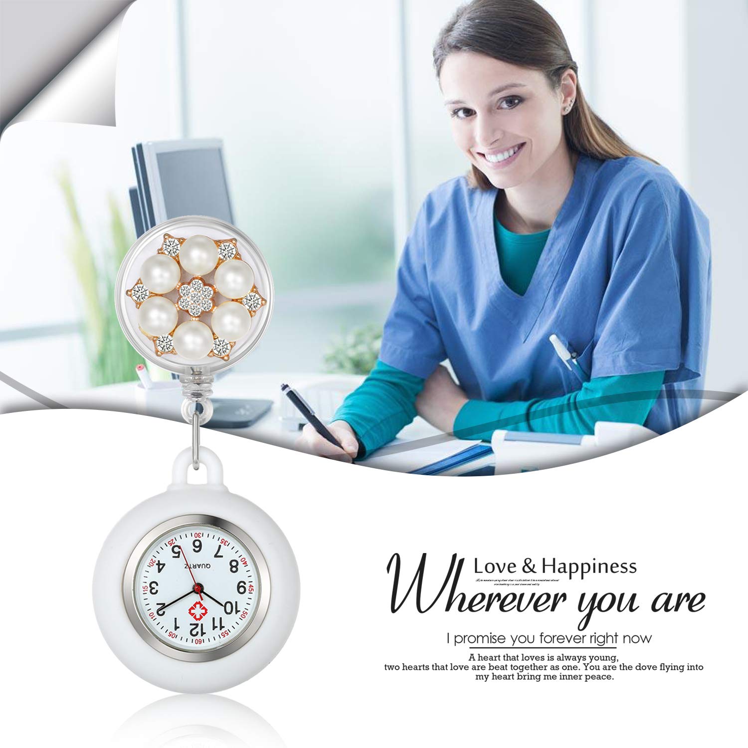 Nurse Watch for Women - Clip On Hanging Watch with Silicone Cover & Retractable Fob - Perfect for Nurses, Doctors & Paramedics - Stylish Pearl White Design - Ideal for Medical Shifts, Clinical Work & Healthcare Professionals