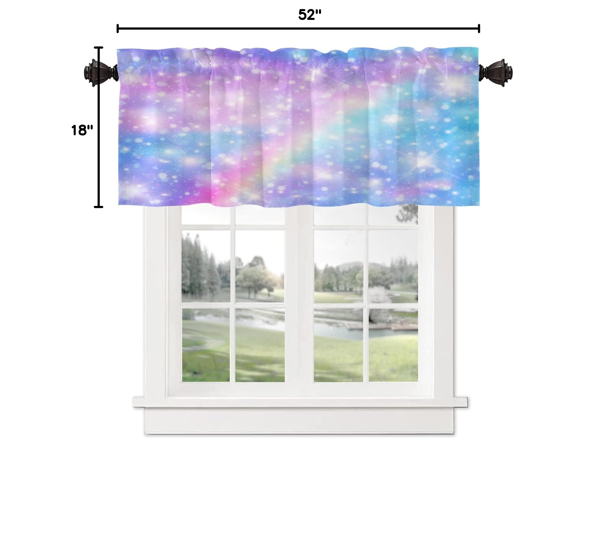 Pastel Rainbow Unicorn & Glitter Stars Kitchen Valance - Galaxy Fantasy Window Curtain for Kitchen Decor, 52x18 Inch - Perfect for Kids' Room, Nursery, or Whimsical Kitchen Design