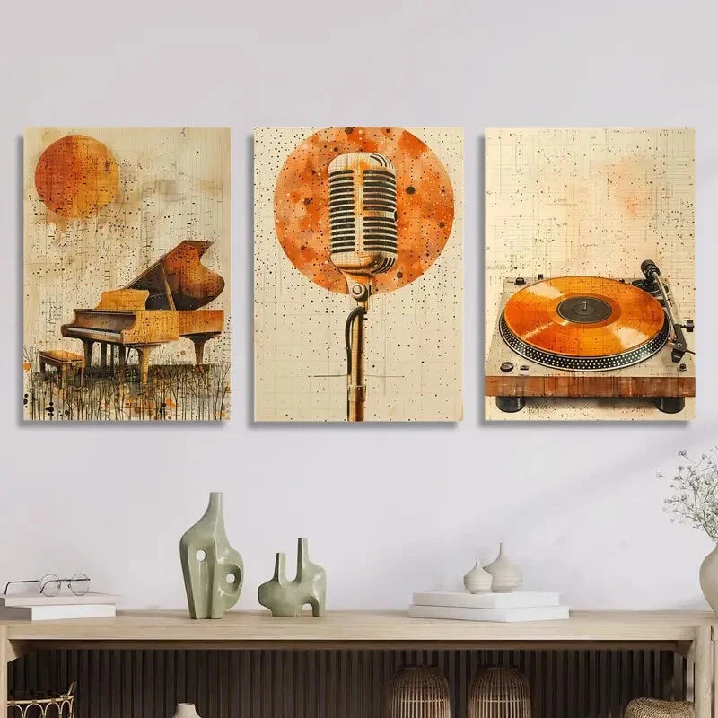 3-Piece Golden Piano, Microphone & Vinyl Metal Wall Art - Ready to Hang Home Decor for Music Lovers - Perfect for Living Room, Bedroom or Studio Decor