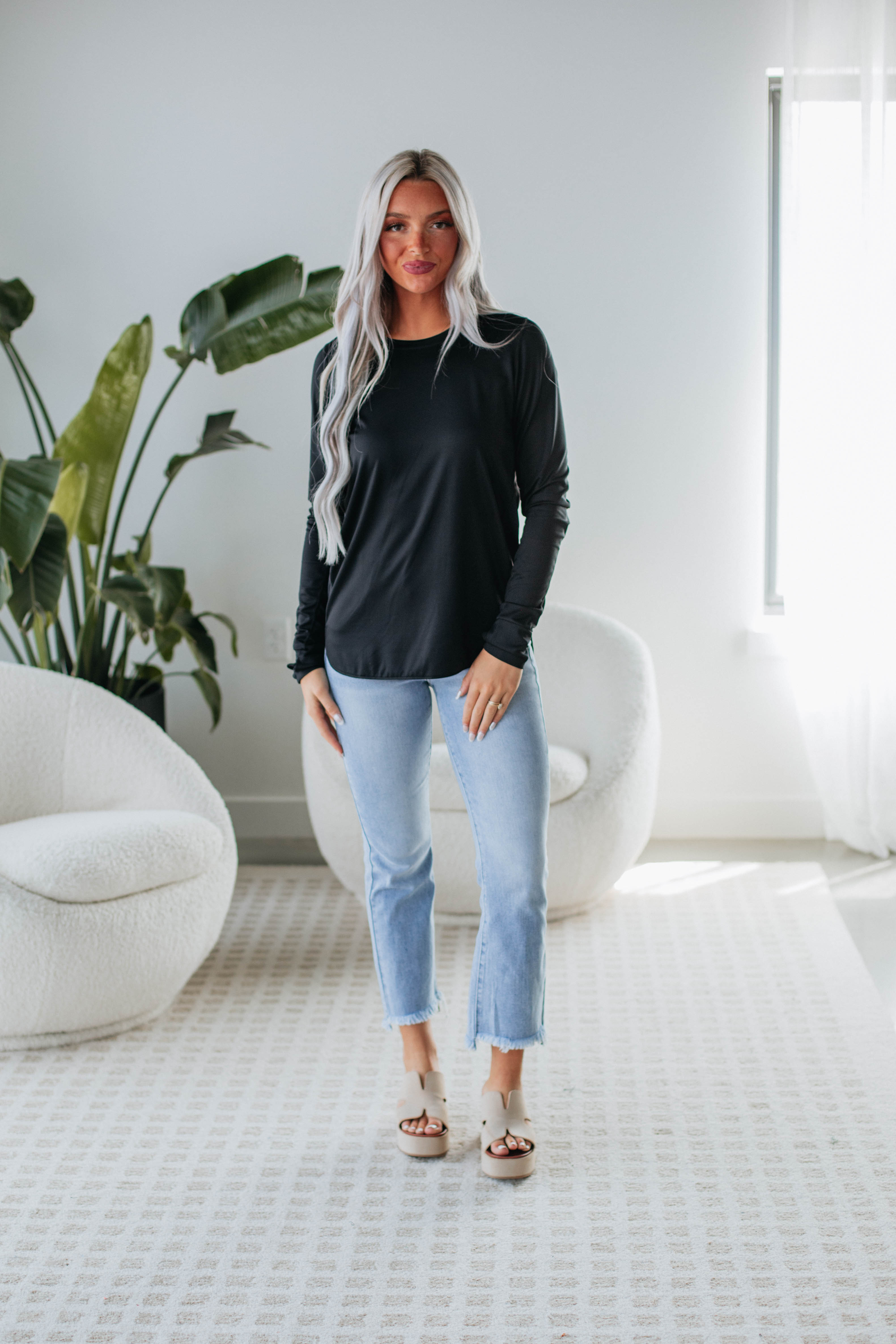 Allura Women's Long Sleeve T-Shirt - Soft Stretch Black Top for Casual Wear & Layering | Perfect for Work, Travel & Everyday Outfits