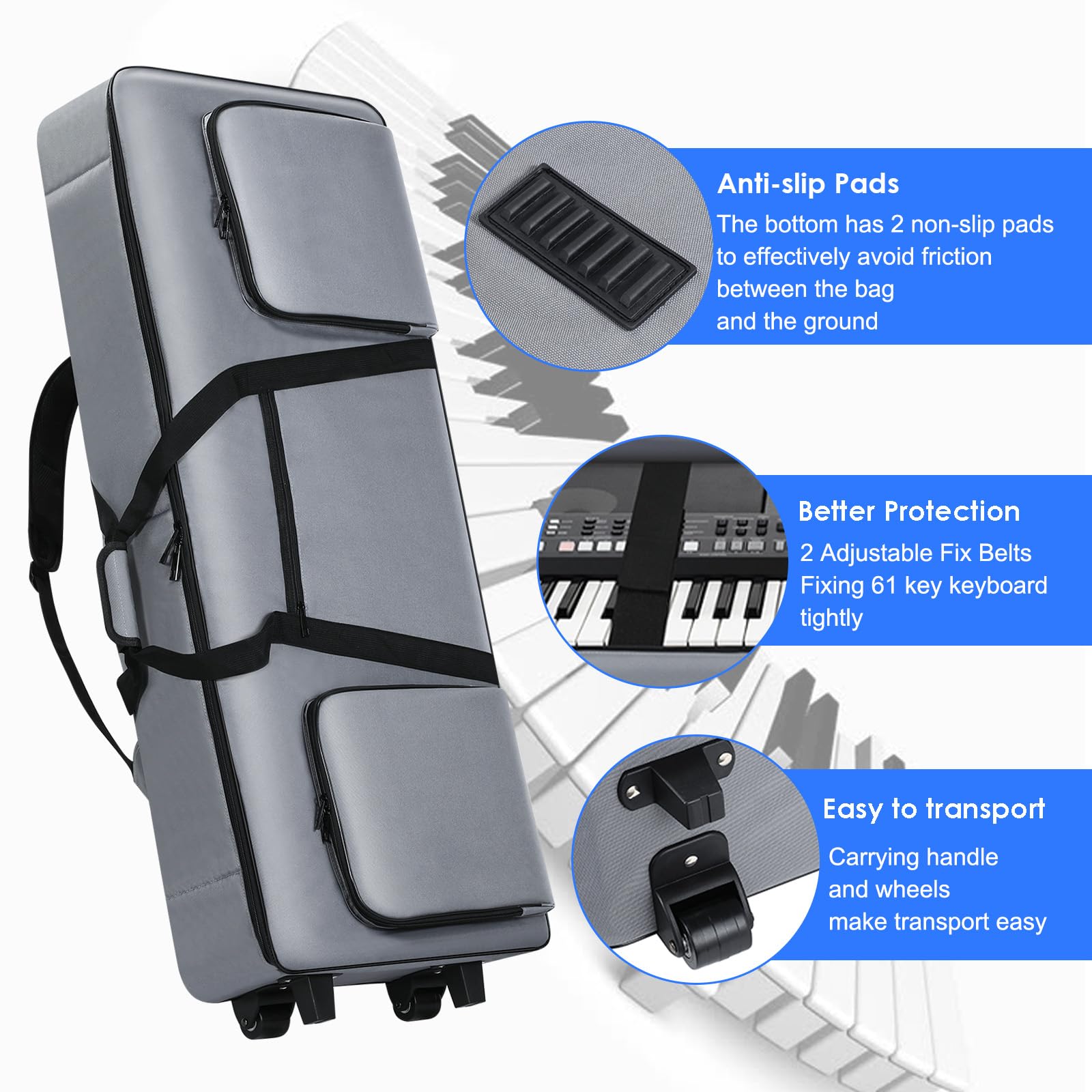 61-Key Rolling Keyboard Case with Wheels - Portable Padded Piano Bag for Travel & Gig Storage