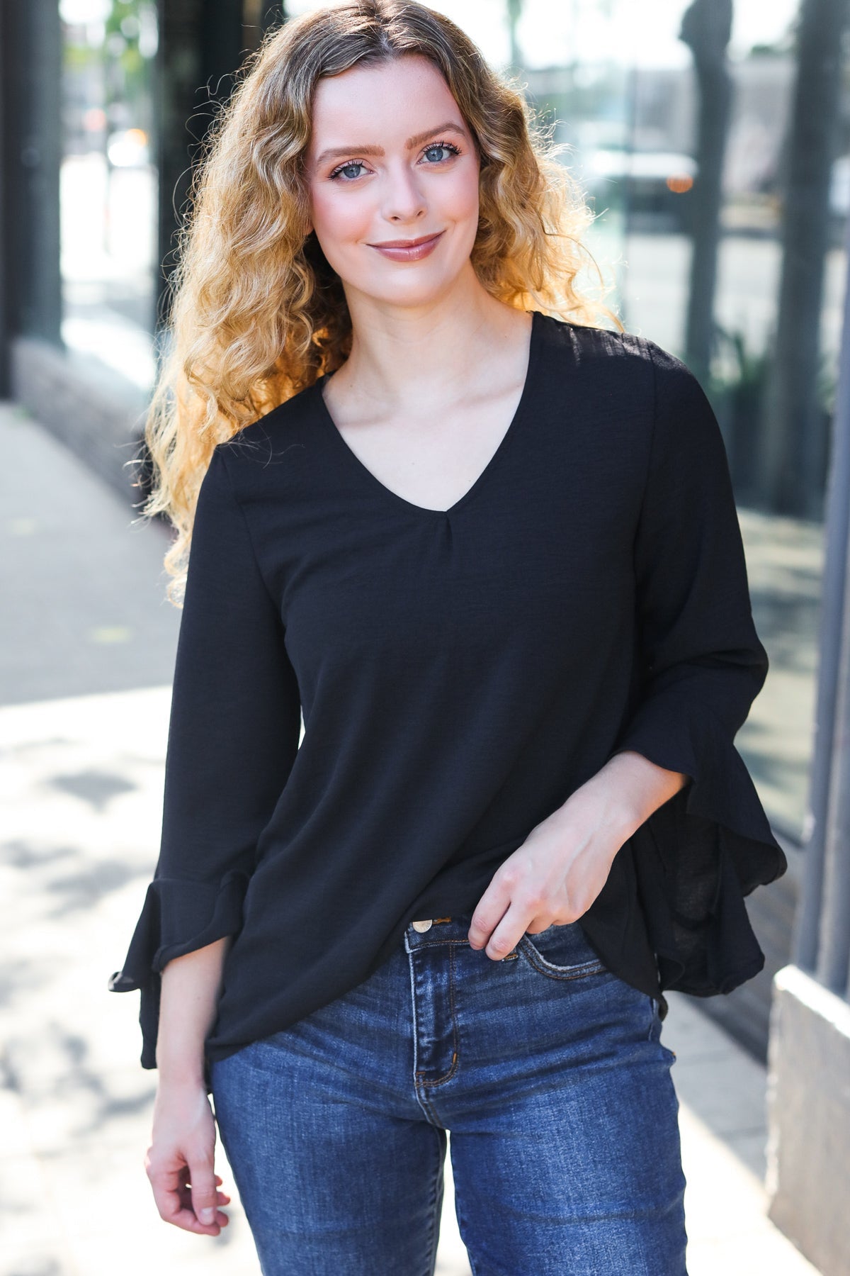 Falling In Love Black Hi-Lo Ruffle Sleeve Woven Top for Women | Elegant Party & Date Night Blouse | Perfect for Evening Events, Cocktail Parties and Romantic Outfits
