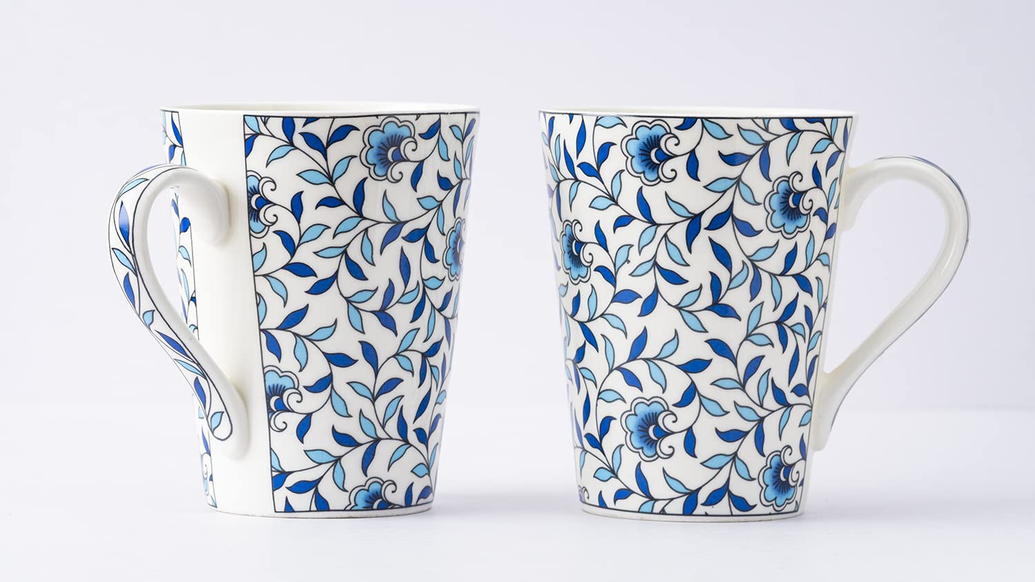 GOLDEN QUEEN'S Shades of Blue Bone China Mugs - Set of 2 (300ml) | Microwave & Dishwasher Safe | Elegant Coffee & Tea Cups for Home, Office or Gift | Blue Vine Whispers Design