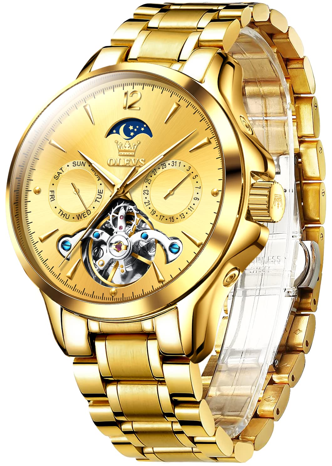 OLEVS Men's Luxury Automatic Skeleton Tourbillon Watch - Self-Winding Mechanical Dress Watch with Moon Phase, Day Date, Waterproof & Luminous - Perfect for Business, Formal Events & Gift Giving