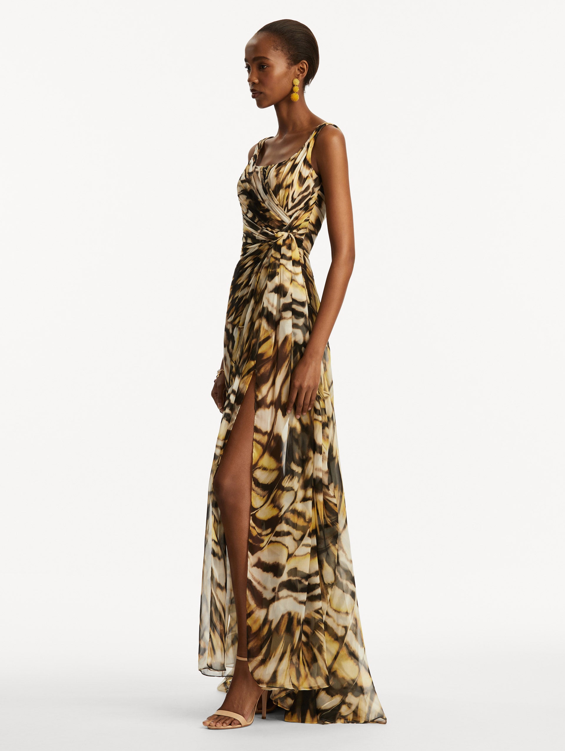 Elegant Abstract Butterfly Silk Chiffon Evening Gown for Women - Perfect for Weddings, Galas & Special Occasions