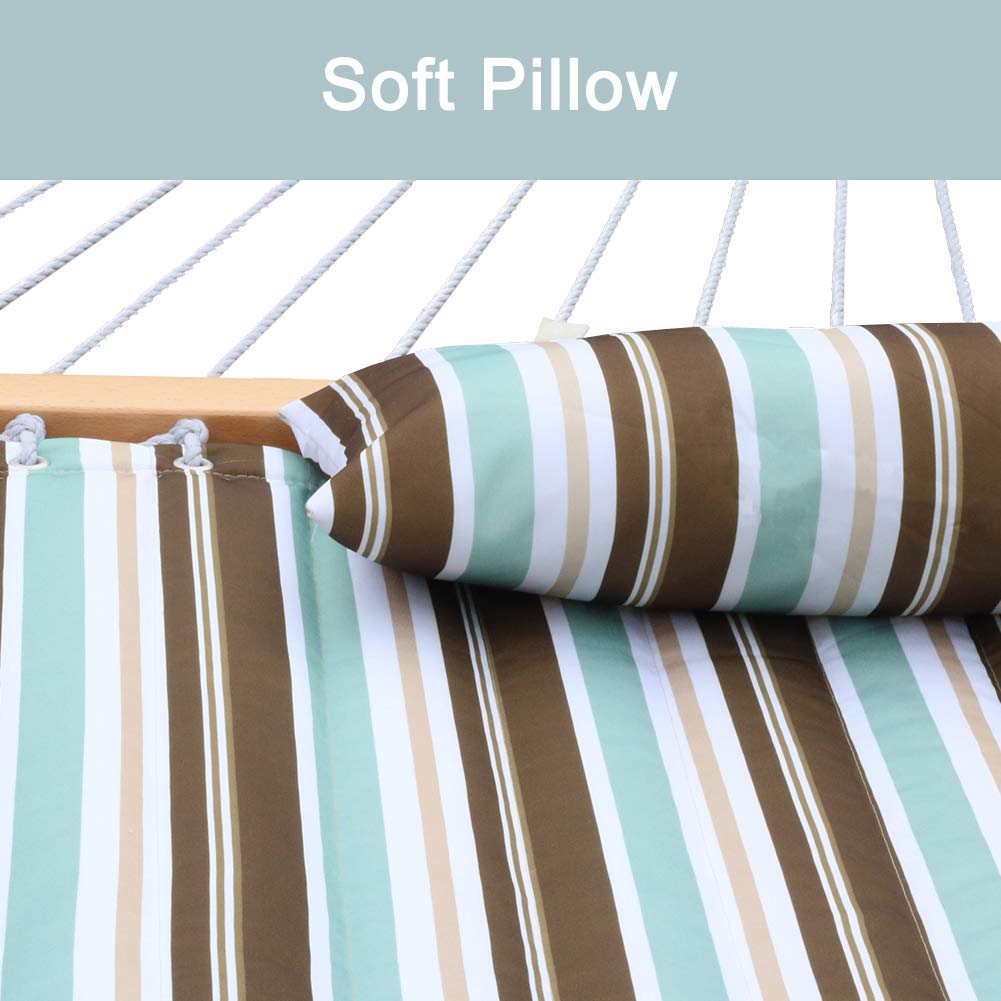 Quilted Fabric Double Hammock with Pillow - Heavy Duty Hardwood Spreader Bar - Outdoor Hammock for Adults 450lb Capacity - Perfect for Patio, Garden, Yard, Pool & Beach Relaxation - Blue/Brown