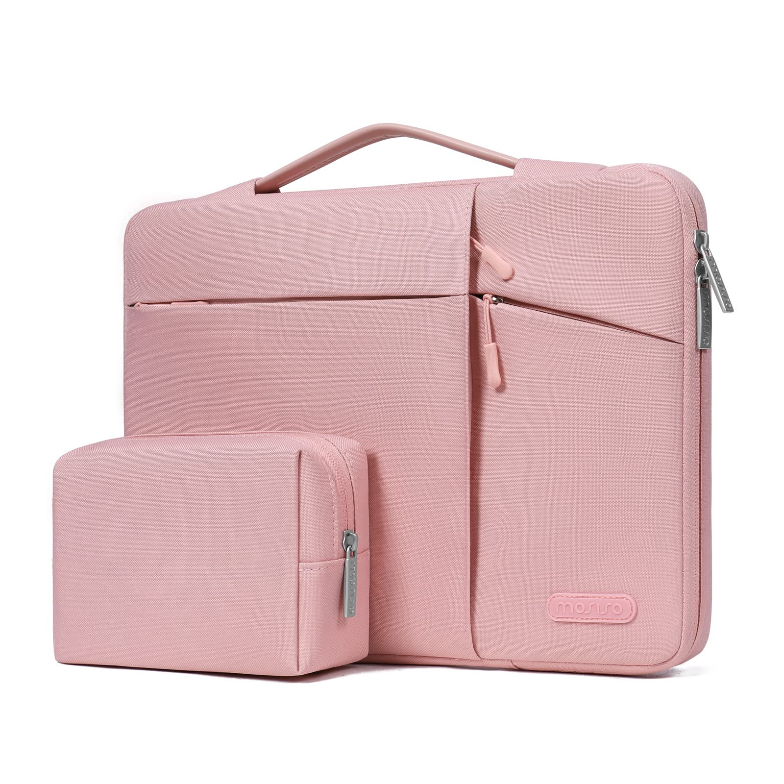 MOSISO 360 Protective Laptop Sleeve for MacBook Air/Pro 13-13.3 inch & MacBook Pro 14 inch 2021 - Shockproof Horizontal/Vertical Carrying Case with Accessory Pouch & Belt - Pink | Perfect for Travel, Office & School Use