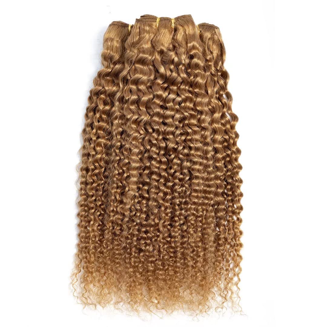 FEEL ME 18 20 22 Inch Brazilian Curly Human Hair Bundles - 27 Honey Blonde Unprocessed Virgin Hair Weave (3 Bundles) 8A Mink Kinky Curly Extensions for Natural Look & Styling | Perfect for Daily Wear, Parties & Special Occasions