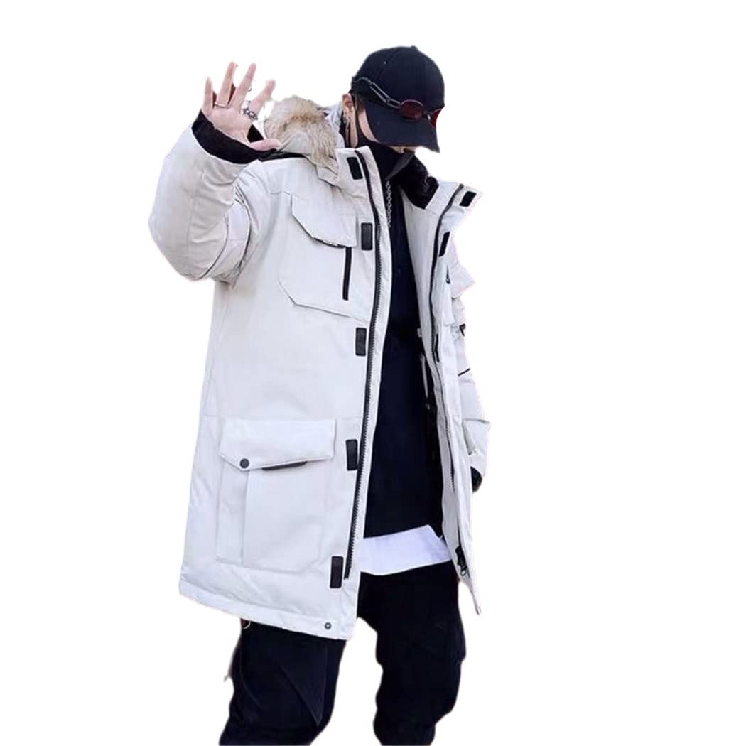 Men's White Duck Down Jacket - Warm Hooded Puffer Coat with Cargo Pockets | Winter Thermal Parka for Outdoor Activities & Couple Style