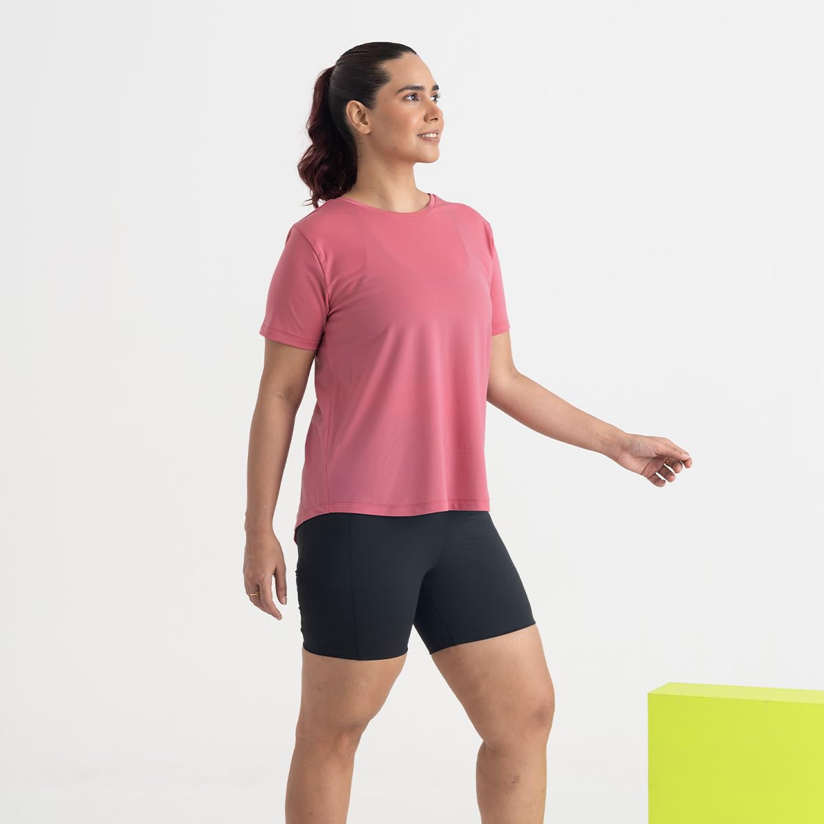 HUNNIT Women's Half Sleeve Gym Top - Solid Workout T-Shirt with Tie Knot Back | Regular Fit Hip-Length Shirt | Quick Dry Moisture Wicking Fabric for Yoga, Running & Fitness