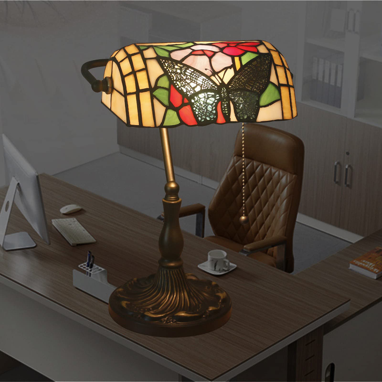 10 Inch Tiffany Table Lamp - Handmade Butterfly Rose Stained Glass Desk Light, Retro Style Nightstand Lamp for Bedroom, Living Room, Office Decor - Perfect for Reading, Relaxing & Night Light Use
