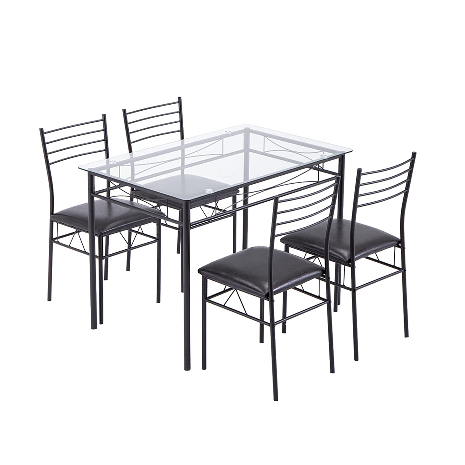 Modern Iron & Glass Dining Table Set with 4 Chairs - 43.3