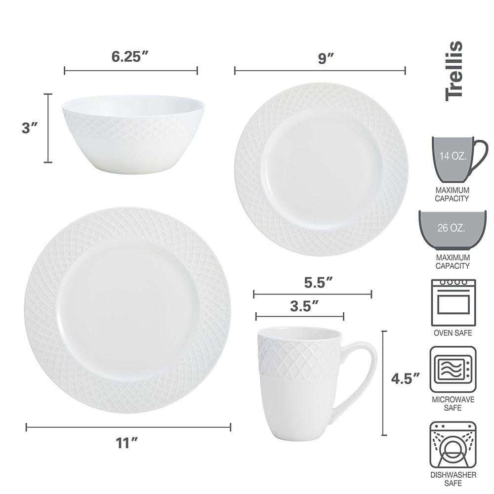 16-Piece White Trellis Dinnerware Set - Porcelain Plates, Bowls & Mugs for Everyday Dining, Entertaining & Special Occasions
