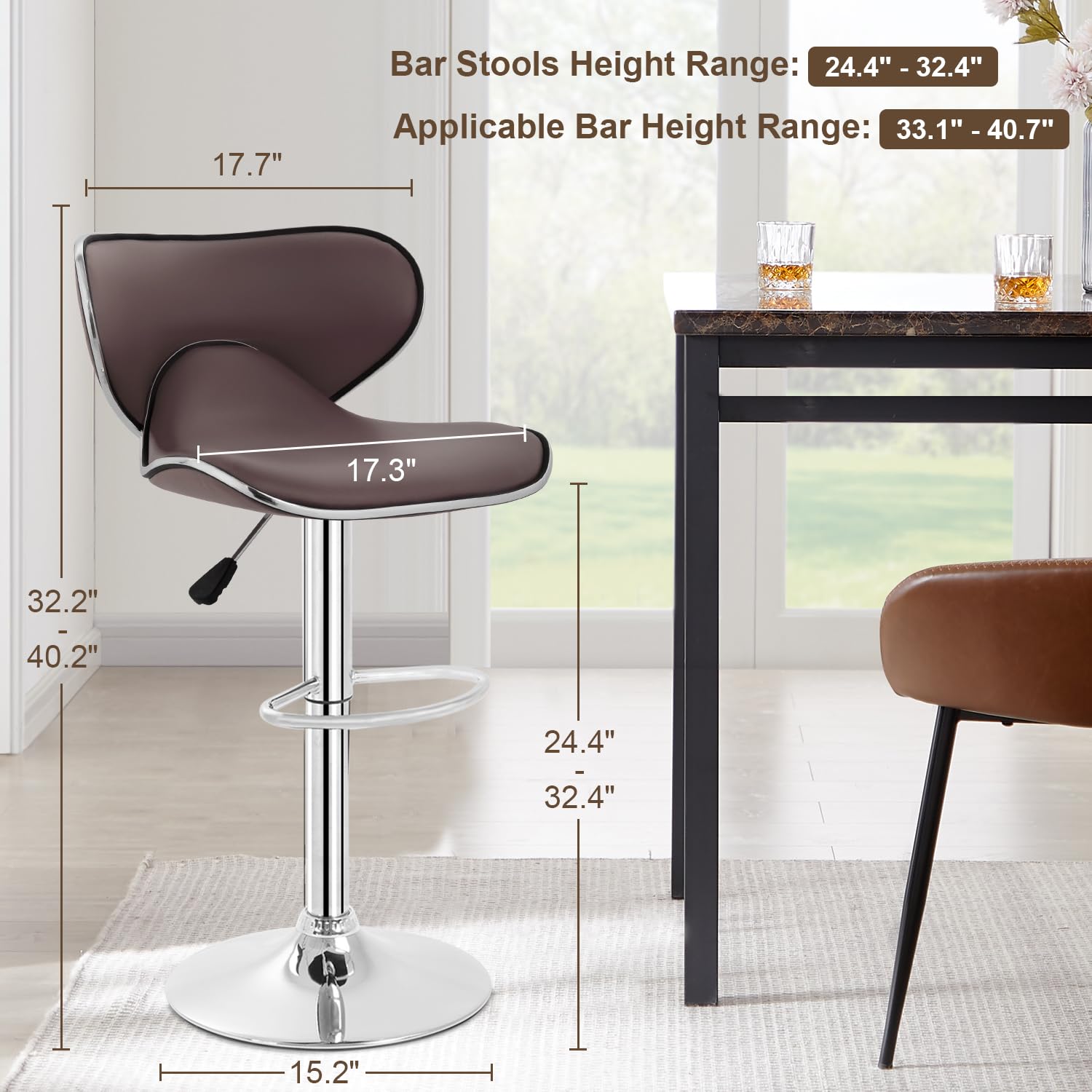 Best Adjustable Bar Stools Set of 2 - PU Leather Swivel Counter Height Bar Stools with Back Support - Perfect for Kitchen Island, Home Bar, Dining Room & Breakfast Nook