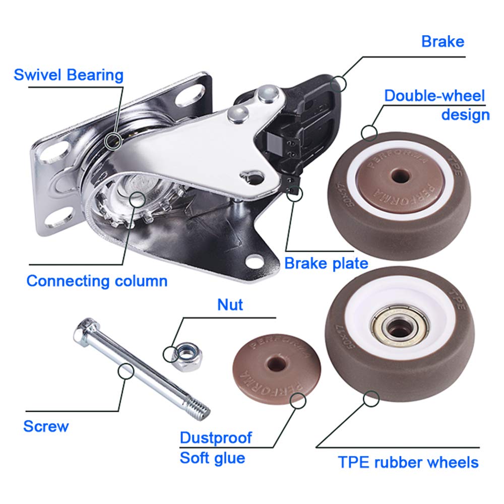40mm Double Wheels Swivel Stem Casters (4 Pack) - M8x25mm Bolt - 50kg Capacity - TPE Rubber Office Chair Replacement Wheels - Heavy Duty Furniture Trolley Casters with Brake - Perfect for Office Chairs, Workstations, and Industrial Equipment