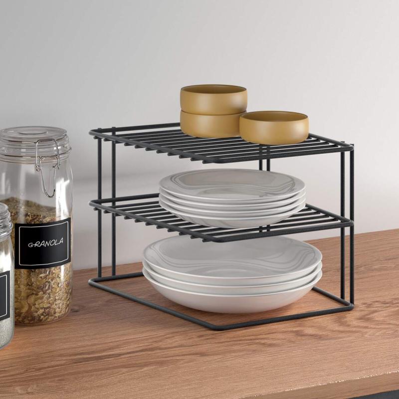 2 Tier Corner Shelf Organizer - Matt Black Finish for Kitchen, Bathroom, or Office Storage