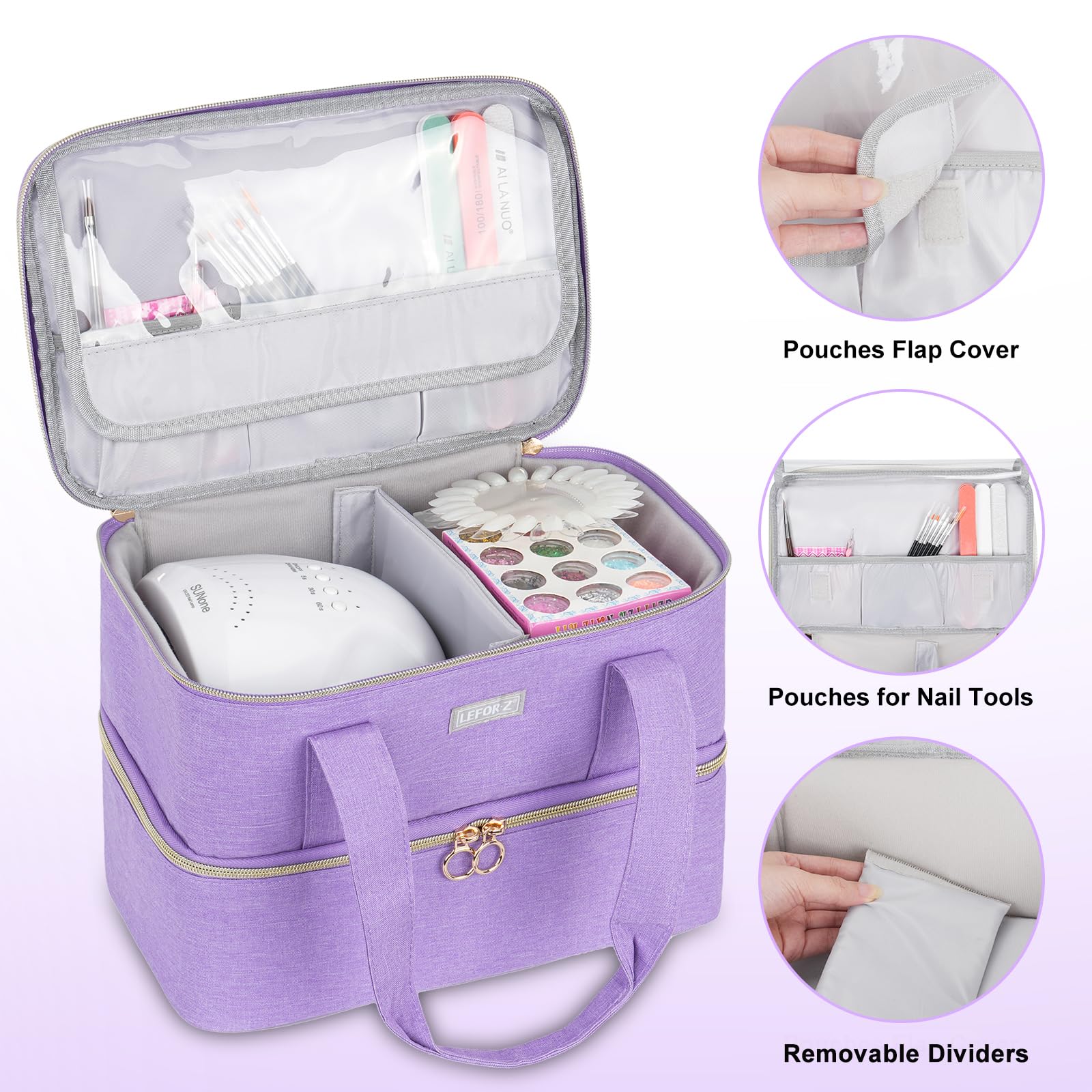 Double Layer Nail Polish Organizer & Storage Case - Holds 40 Bottles & Nail Lamp - Portable Nail Tech Carrying Bag for Salon & Travel - Purple Nail Art Supply Holder (Perfect for Professional Nail Technicians & DIY Manicures at Home)