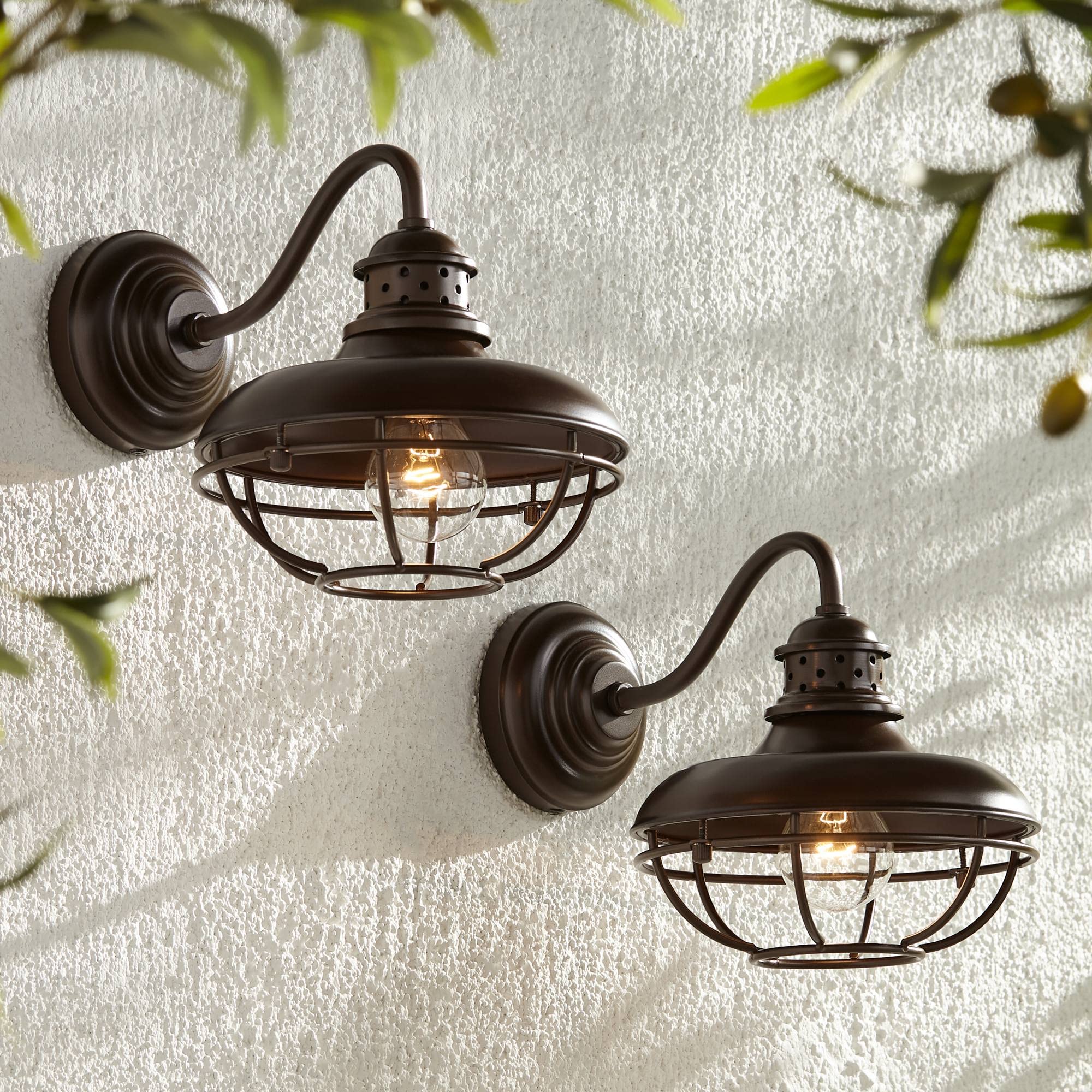 Franklin Iron Works Rustic Farmhouse Outdoor Barn Lights - Set of 2, Oil Rubbed Bronze Gooseneck Wall Sconces, 9