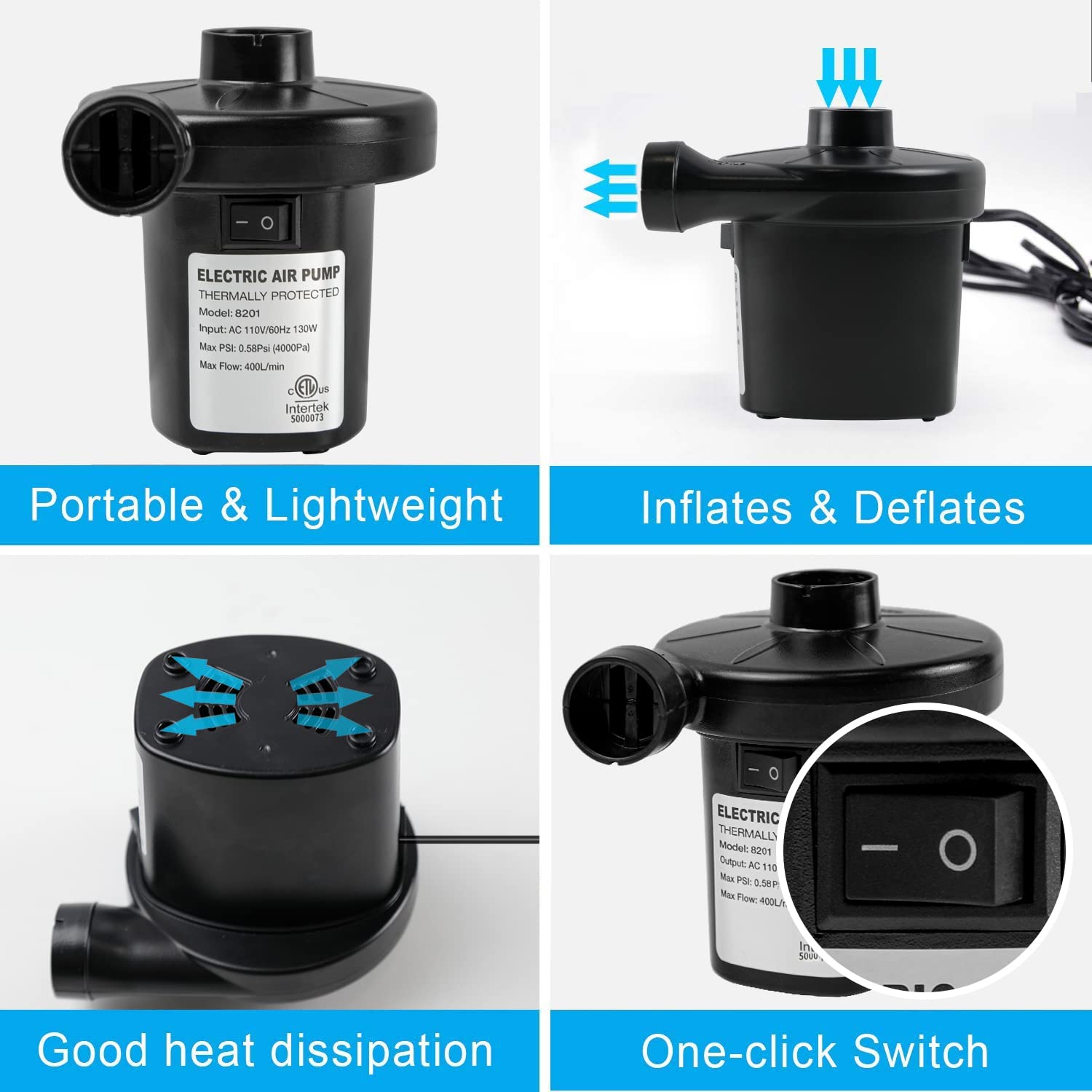 130W Electric Air Pump for Inflatables - Fast Inflator with 3 Nozzles for Air Mattress, Pool Floats & Toys | Portable AC Pump for Camping, Travel & Home Use