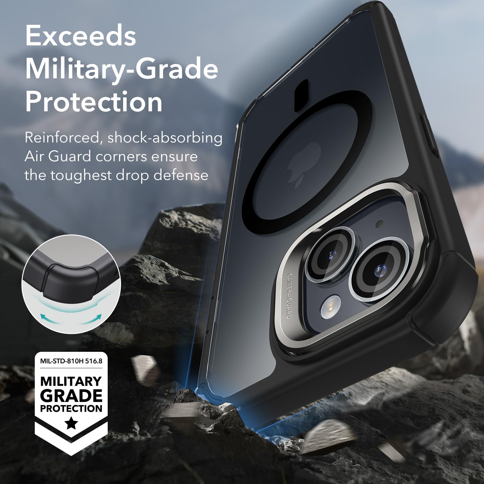 ESR for iPhone 15 Plus Case - Military-Grade Shockproof MagSafe Case with Stand | Clear Black Armor Series | Perfect for Outdoor Adventures, Work & Travel Protection
