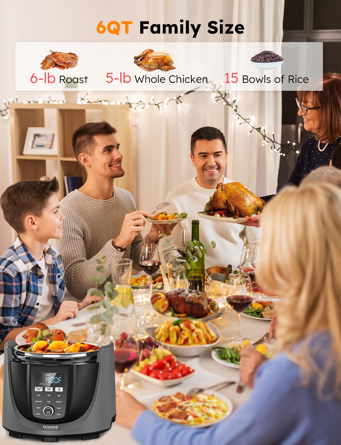 Nuwave Duet Air Fryer & Electric Pressure Cooker Combo - 540-in-1 Multicooker with 2 Removable Lids, Slow Cook, Sear, Sauté Functions - 18/10 Stainless Steel Pot & 9 Deluxe Accessories - Perfect for Healthy Cooking, Meal Prep & Family Dinners
