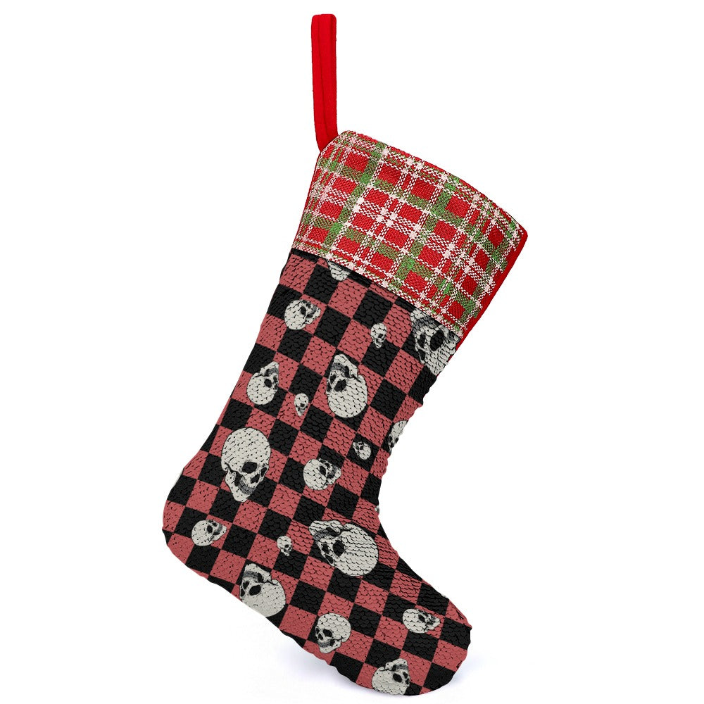 Festive Checkers and Skulls Christmas Stocking - Holiday Decor for Gothic and Funky Home Styles - Perfect for Fireplace Mantel, Bedroom, and Party Decorations
