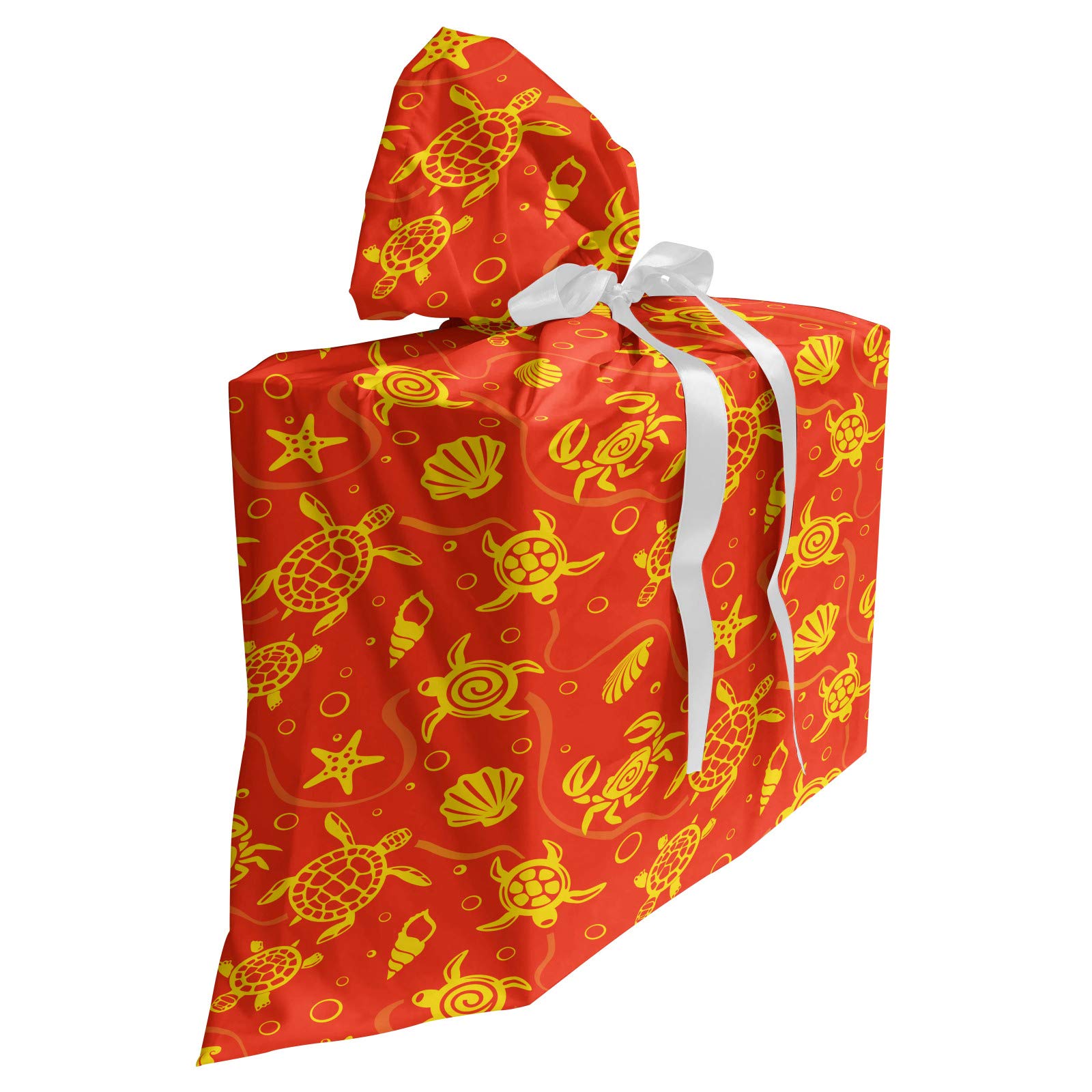 Ambesonne Orange Fabric Gift Bag with Swimming Turtles, Crabs, Seashells & Starfish Tropical Design - Burnt Orange & Yellow Present Sack for Parties, Birthdays (Includes 3 Ribbons, 27