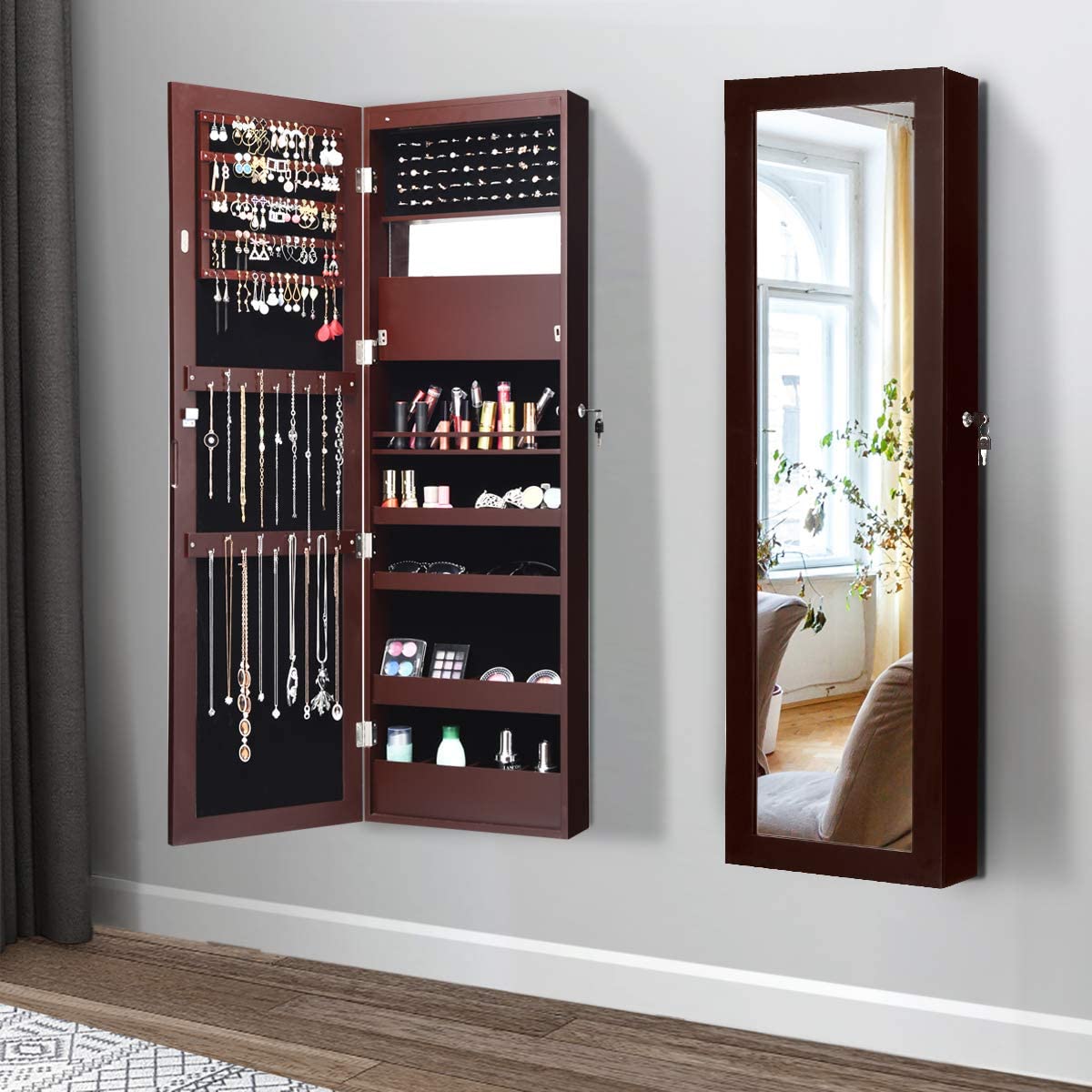 MAT EXPERT 15-LED Lighted Jewelry Armoire with Full-Length Mirror - Lockable Wall/Door Mounted Jewelry Cabinet Organizer for Bedroom, Dressing Room & Makeup Display - Brown (Perfect for Small Spaces & Gift Giving)