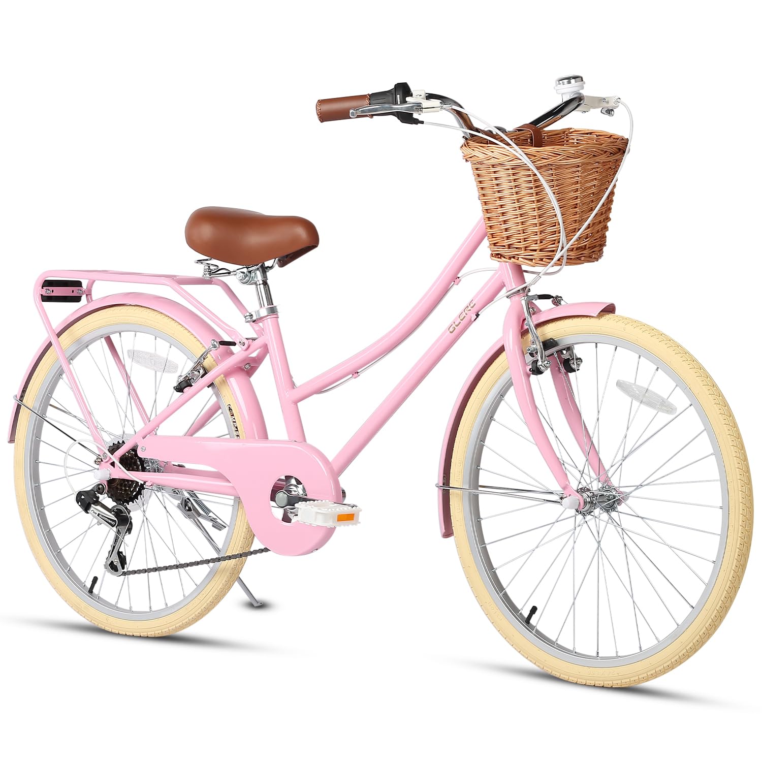 20 24 26 Inch 6-Speed Beach Cruiser Bike for Women & Girls - Lightweight Hybrid City Bicycle with Wicker Basket - Perfect for Commuting, Leisure Rides & Beach Outings - Multiple Color Options
