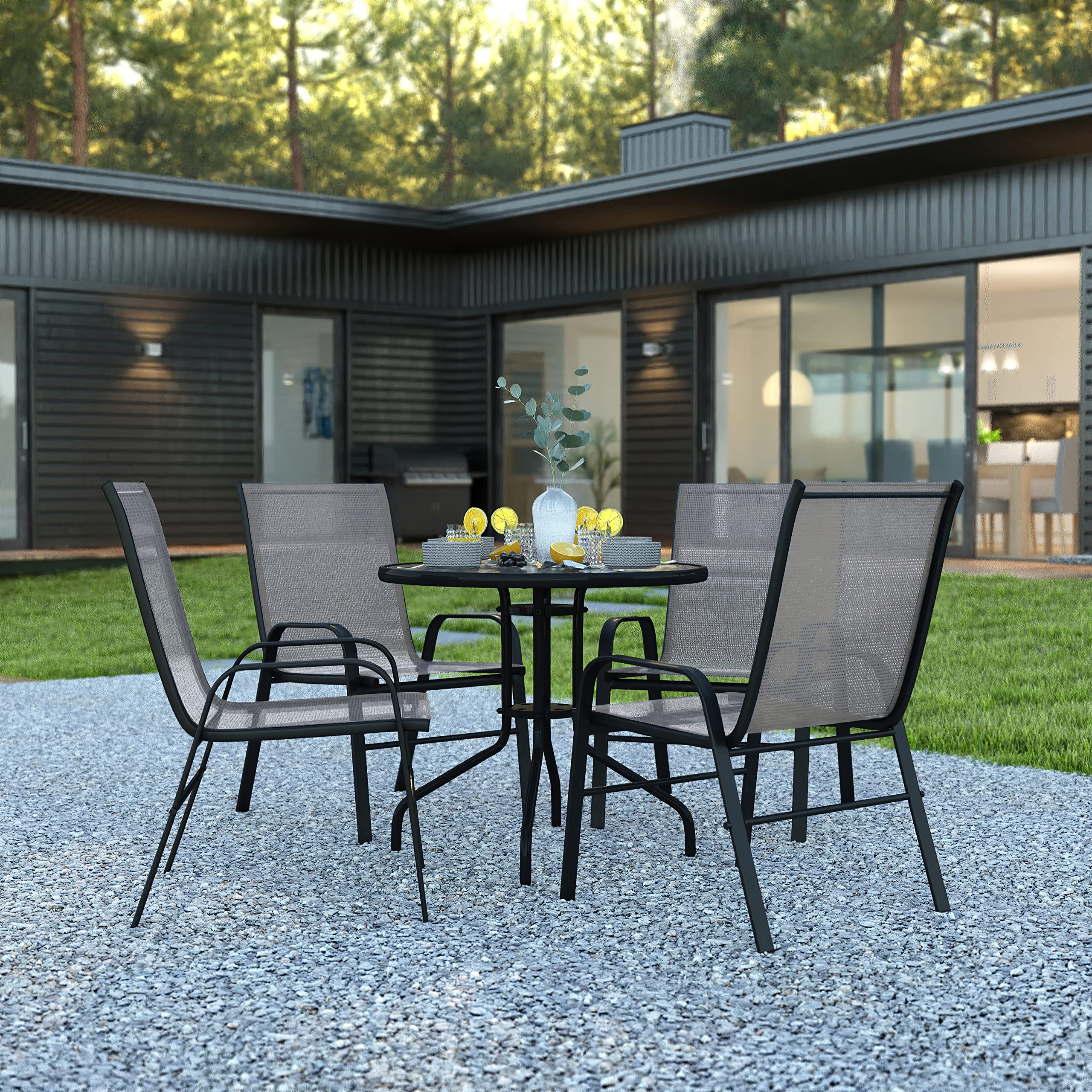 Flash Furniture Brazos 5-Piece Outdoor Patio Dining Set with 4 Gray Flex Comfort Stackable Chairs & 31.5