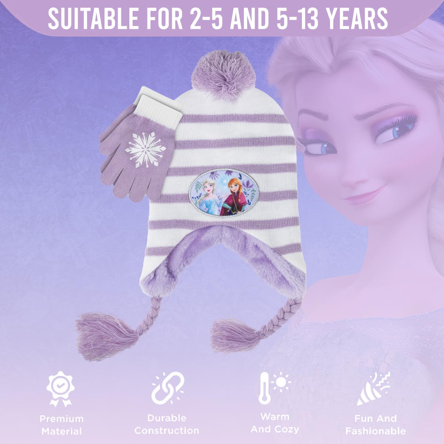 Disney Frozen Elsa & Anna Winter Beanie Hat & Snow Gloves Set for Girls & Toddlers - Warm Knit Hat & Waterproof Gloves for Snow Play, Outdoor Activities & Cold Weather Protection