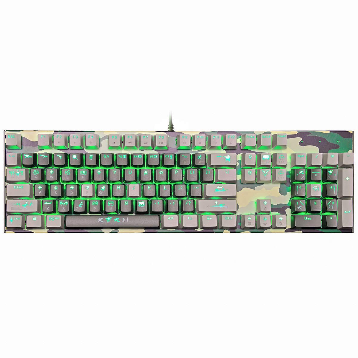 Merdia Mechanical Gaming Keyboard - Wired Backlit Keyboard with OUTEMU Black Switches, Full Size 104 Keys, US Layout, Camouflage Design - Perfect for PC Gaming, Office Work, and Typing Enthusiasts