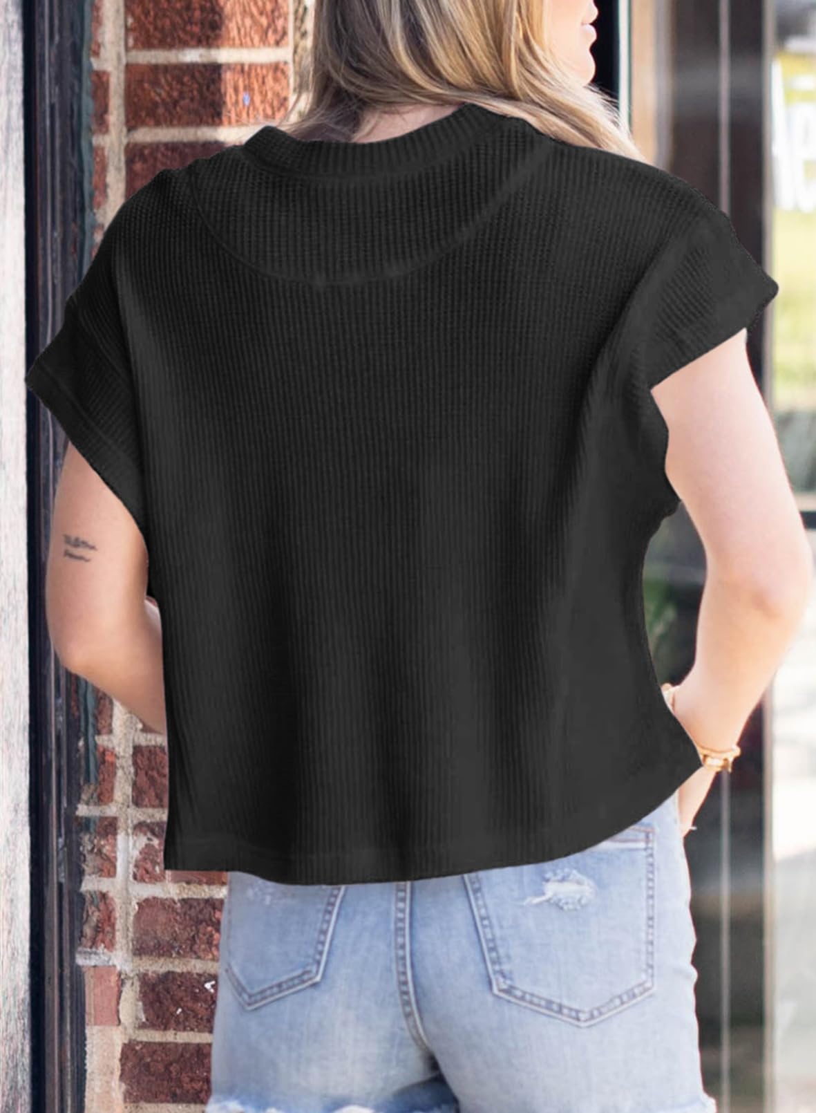 Dokotoo Women's Casual Short Sleeve Waffle Knit Henley Shirt - Loose Fit Round Neck Button Down Blouse for Summer - Perfect for Beach Outings, Weekend Brunch and Casual Office Wear