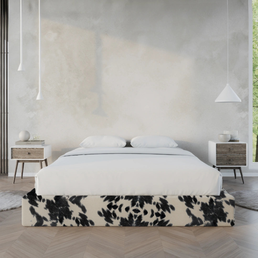 Classic Bed Frame with Vegan Cowhide Upholstery - Stylish & Durable for Modern Bedrooms | Perfect for Home, Apartment, and Guest Room Decor