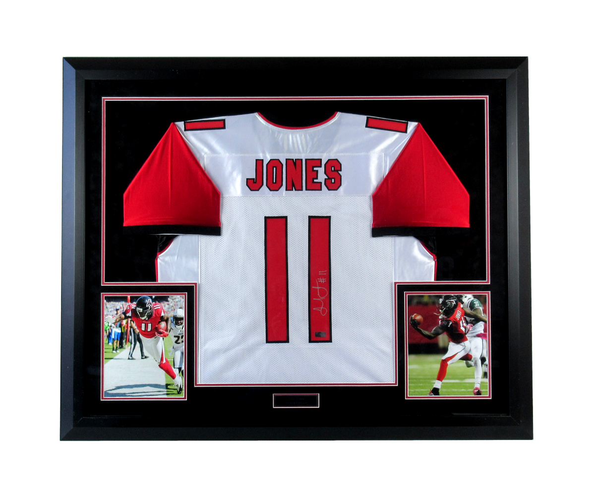 Julio Jones Autographed Atlanta Falcons Framed White Custom Road Jersey - Authentic Signed Memorabilia for Sports Fans & Collectors - Perfect for Man Cave, Game Room, or Office Decor