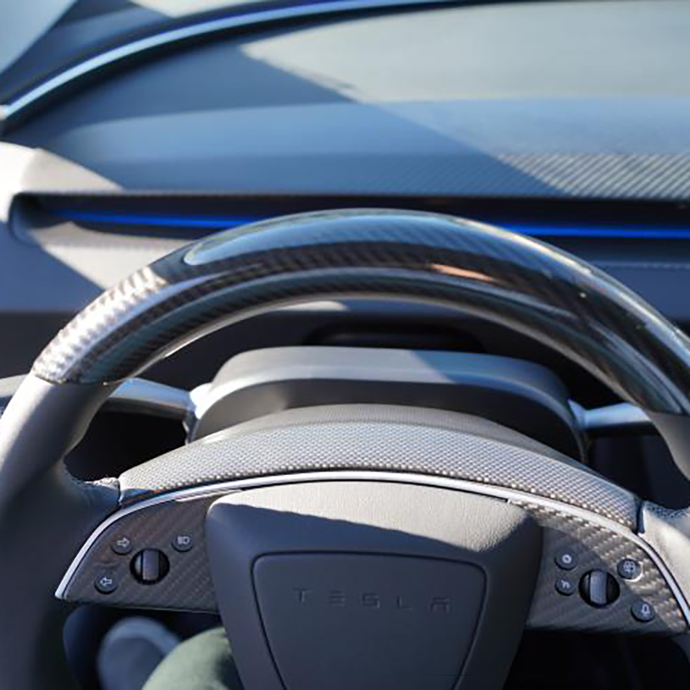 Premium Real Carbon Fiber Steering Wheel Trim Cover for 2024+ Tesla Model 3 Highland & 2025+ Model Y Juniper - 1x1 Plain Weave & 2x2 Twill Weave Options - Upgrade Your Tesla Interior with Luxury Carbon Fiber Accessories for Enhanced Driving Experience