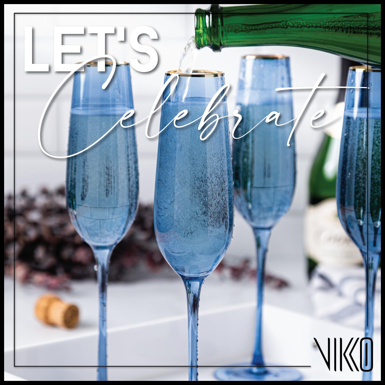 Vikko 8.5oz Champagne Flutes Set of 4 - Elegant Blue with Gold Rim Crystal Clear Sparkling Wine Glasses for Wedding Toasts, Anniversary Celebrations & Romantic Dinners