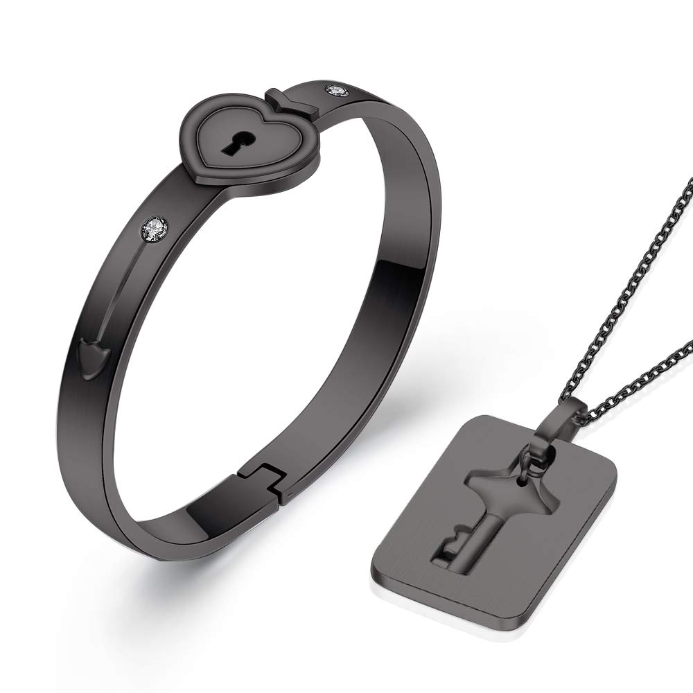 NIBASTAR His & Hers Matching Love Heart Key Lock Bangle Bracelet & Pendant Necklace Set - Romantic Couple Jewelry Gift for Anniversary, Valentine's Day - Perfect for Date Nights & Special Occasions