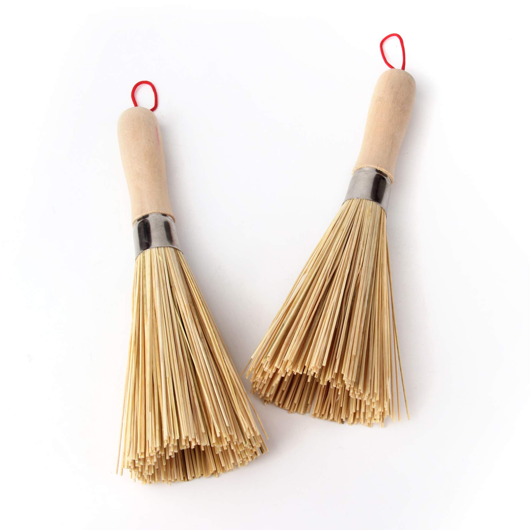 2 Pack Bamboo Wok & Pot Brush Set - Natural Wooden Handle Cleaning Brushes for Non-Stick Pans, Cast Iron Cookware, Pots and Skillets - Perfect for Kitchen, Camping and Outdoor Cooking