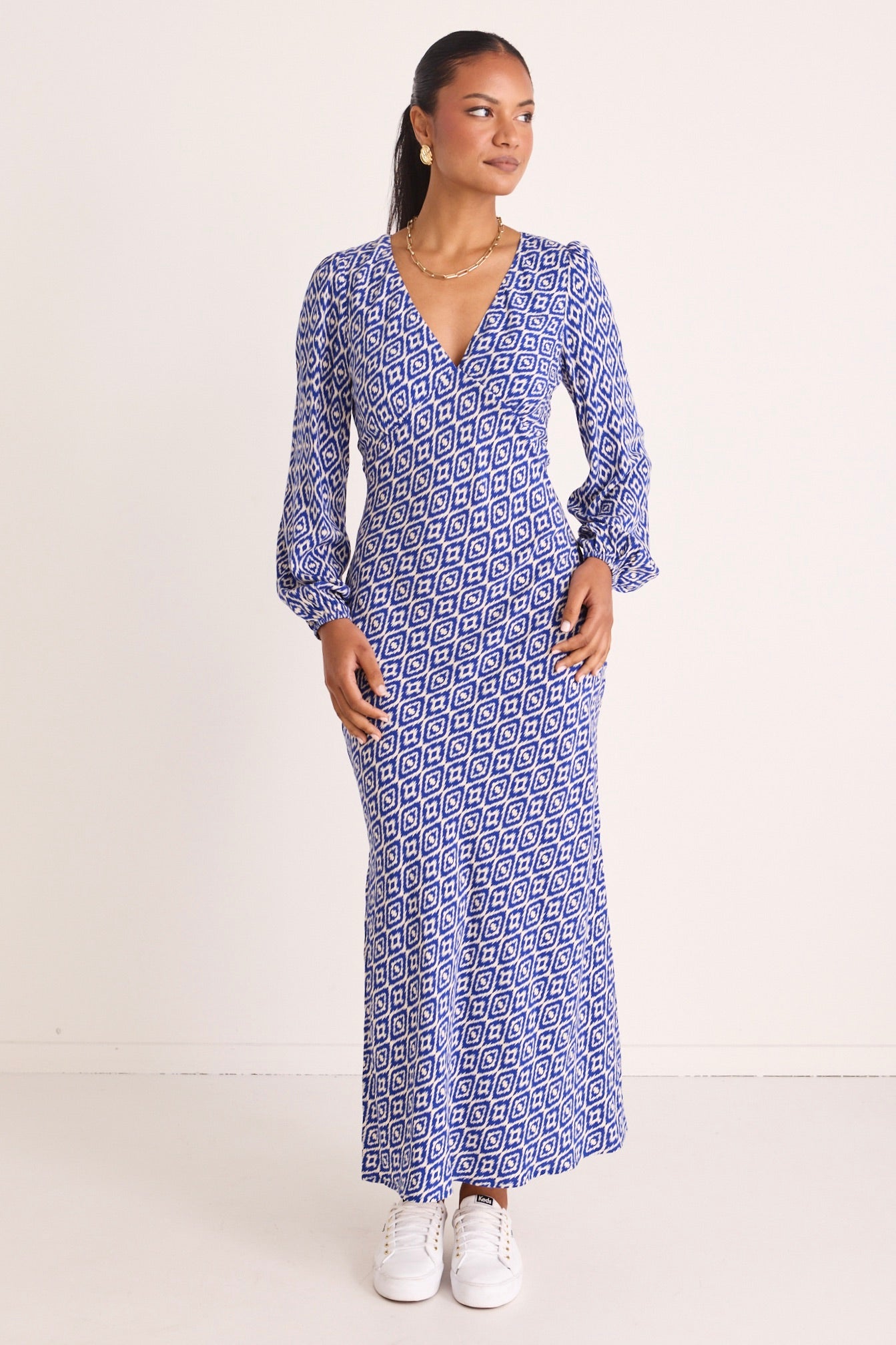 Phoenix Electric Blue Batik Long Sleeve Bias Cut Midi Dress - Perfect for Boho Chic Outfits, Beach Vacations & Summer Weddings