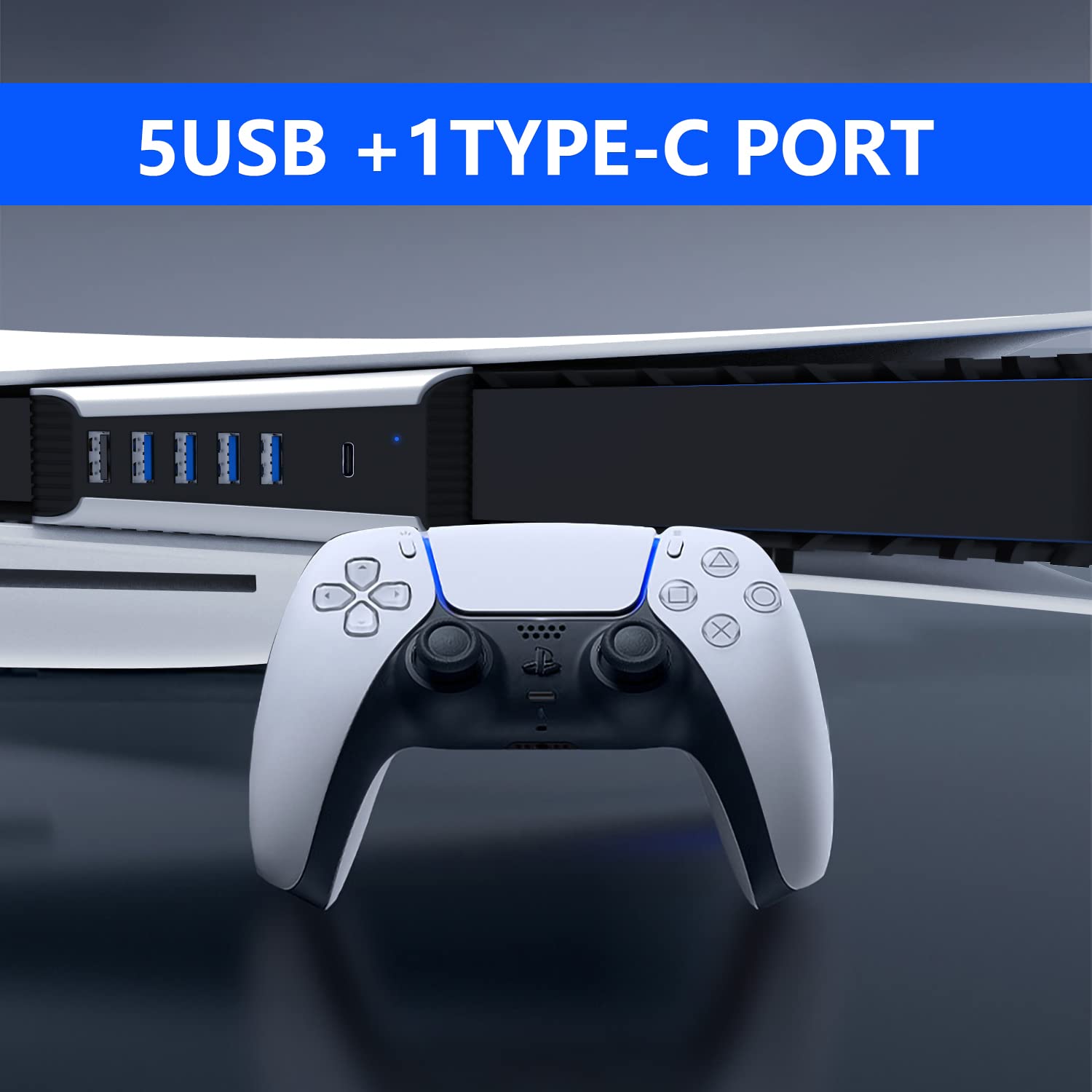5-in-1 USB Hub for PS5 Console | High-Speed USB 3.0 Port Expander with 4 USB Ports & 1 USB-C Port | Perfect for Gaming Accessories, Controllers & External Storage | Compatible with PlayStation 5