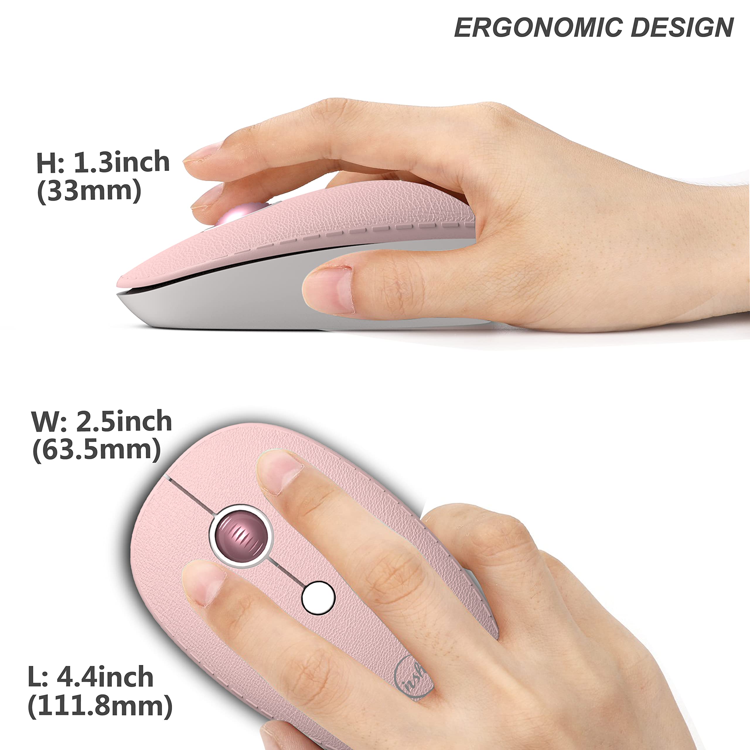 Premium 2.4G Wireless Mouse for Laptop - Ergonomic Aluminum Alloy Computer Mouse with 3 Adjustable DPI Levels & Luxury Leather Finish in Pink - Perfect for Office, Gaming, and Travel Use