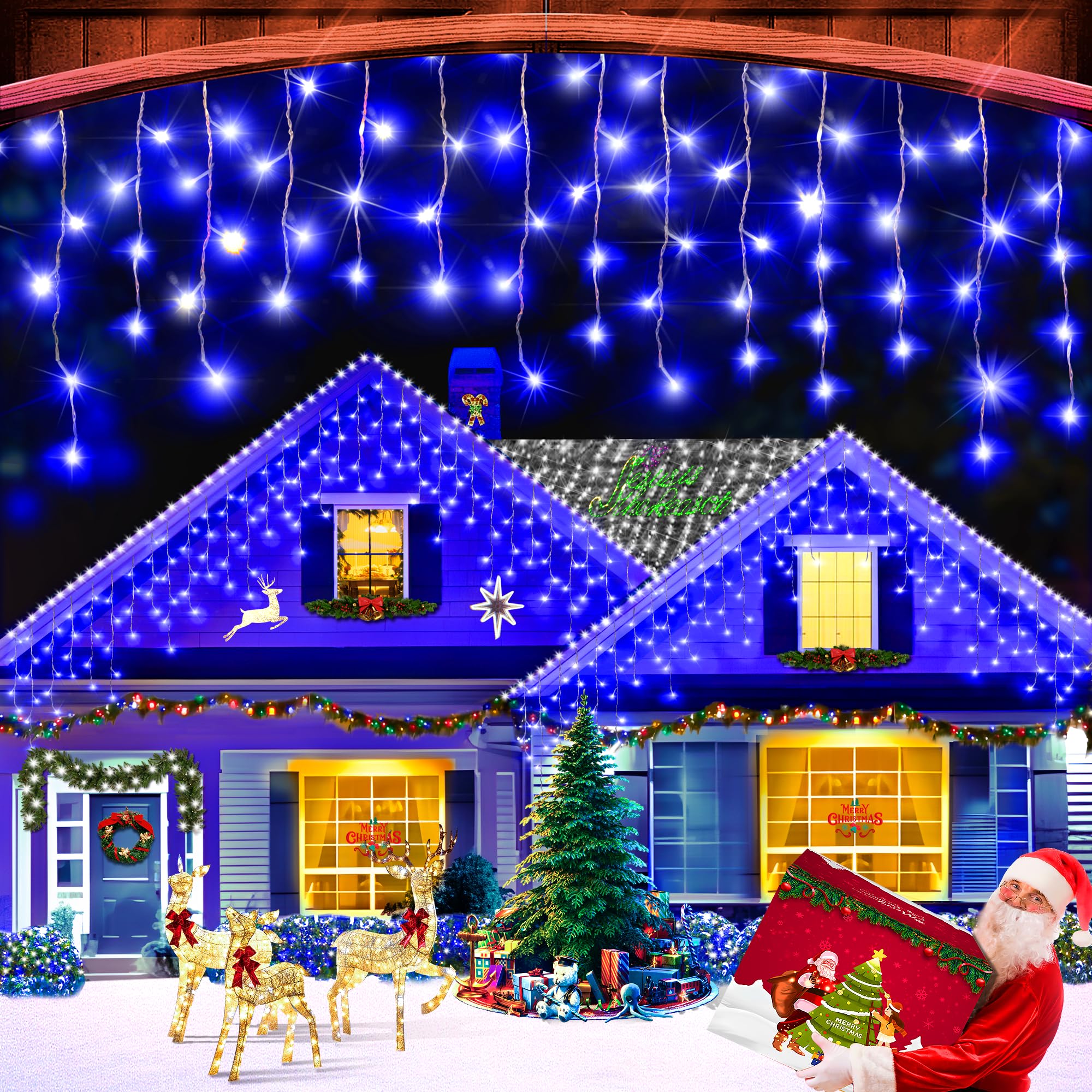 XURISEN 66ft Outdoor Christmas Lights Decorations - 640 LED Waterproof Fairy String Lights with 8 Lighting Modes & Timer Memory Function, 120 Drops Curtain Lights for Holiday Wedding Party Decor (Blue) - Perfect for Indoor/Outdoor Christmas Tree, Garden, Patio, and Home Decoration